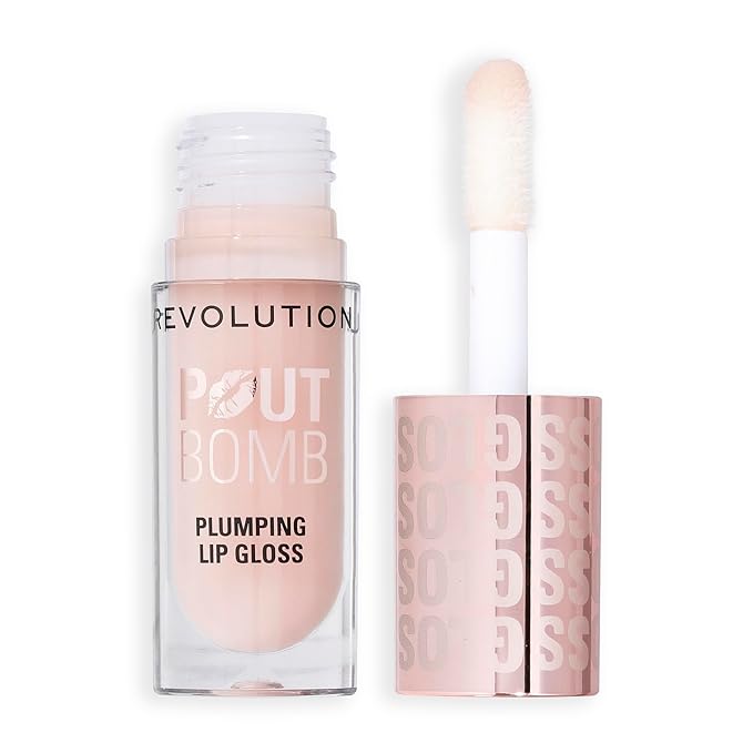 Revolution Beauty London, Pout Bomb Plumping Lip Gloss, High-Shine for Glossy, Fuller & Plump Lips with Hyaluronic Acid & Peptides, Vegan & Cruelty-Free, Sheer Milky Nude, 0.15 fl oz