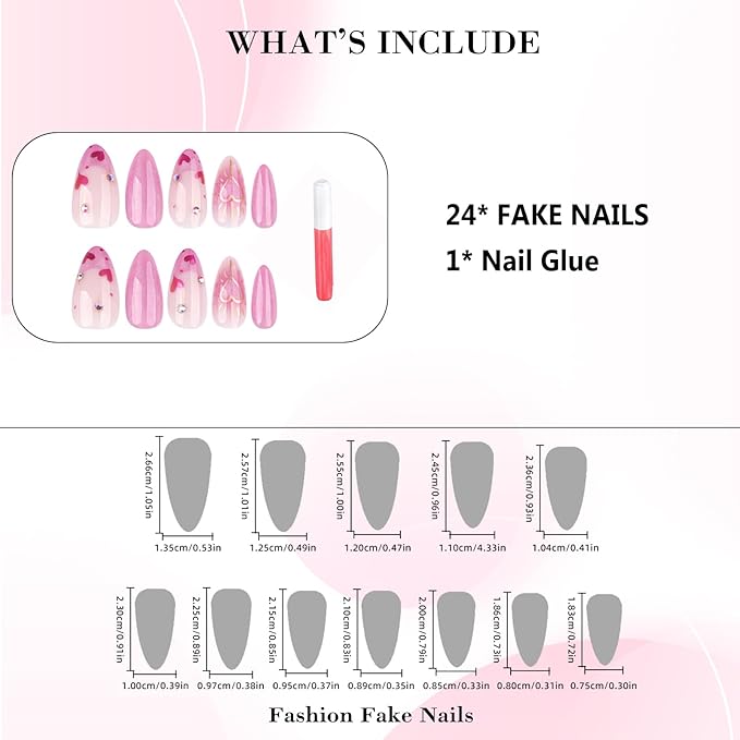 IMRAIN Press on Nails Medium Almond Fake Nails Pink Cat's Eye False Nails with Heart Designs Glossy Full Cover Glue on Nails Cute Acrylic Glitter Stick on Nails for Women Girls 24Pcs