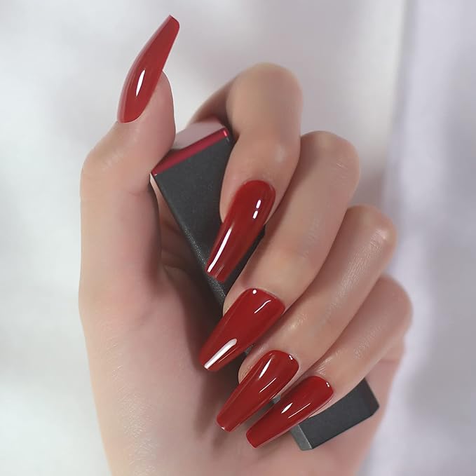 Glossy Red Press on Nails Long Coffin False Nails Faux Ongles Reusable Solid Color Nail Art Tips Salon DIY Manicure Acrylic Fake Nails Gifts for Women Girls