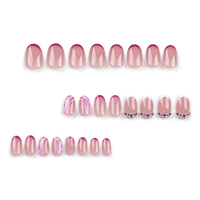 Short Almond Press on Nails Purple French Tip Fake Nails Oval False Nails with Designs Wave Rhinestones Glue on Nails Full Cover Acrylic Nails Glossy Stick on Nails for Women Manicure Art 24 Pcs