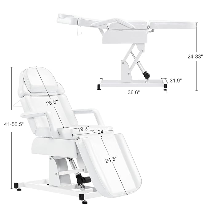 BarberPub Fully Electric Facial Bed with 3 Motor for Esthetician, Electric Tattoo Chair for Client, Facial Bed for Esthetician, Electric Adjustment 2751 (White, Height (Flat): 24"–33")