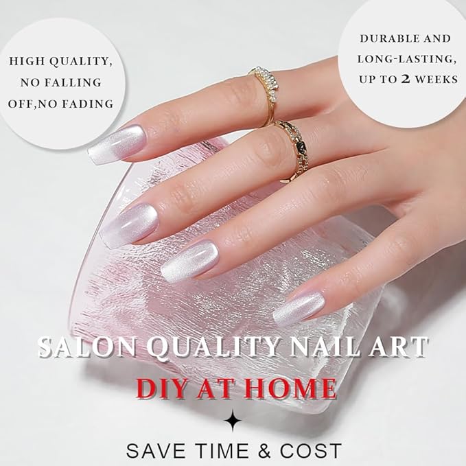 evpct Cat Eye Coffin Press on Nails Square Medium, Medium Square Glue on Nails for Women Gift, Light Lavender Purple Metallic Glitter Glossy Reusable Spring Summer Gel Press on Fake Nail with Designs