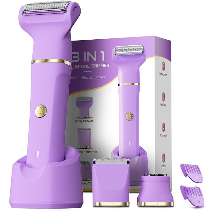 Bikini Trimmer 3 in 1 Electric Razor for Women - IPX7 Waterproof Wet & Dry Body Shaver, Pubic & Facial Hair Remover with Ceramic Blade, USB Rechargeable Dock & Gift Ready