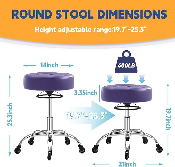 Rolling Stool Heavy Duty 400lb: Super Soft Seat Cushion,360° Swive,Height Adjustability,No Squeaky Noises,No Tip Over,New Upgraded Stool Salon Stool Chair, Tattoo Facial Massage Spa Medical (Purple)