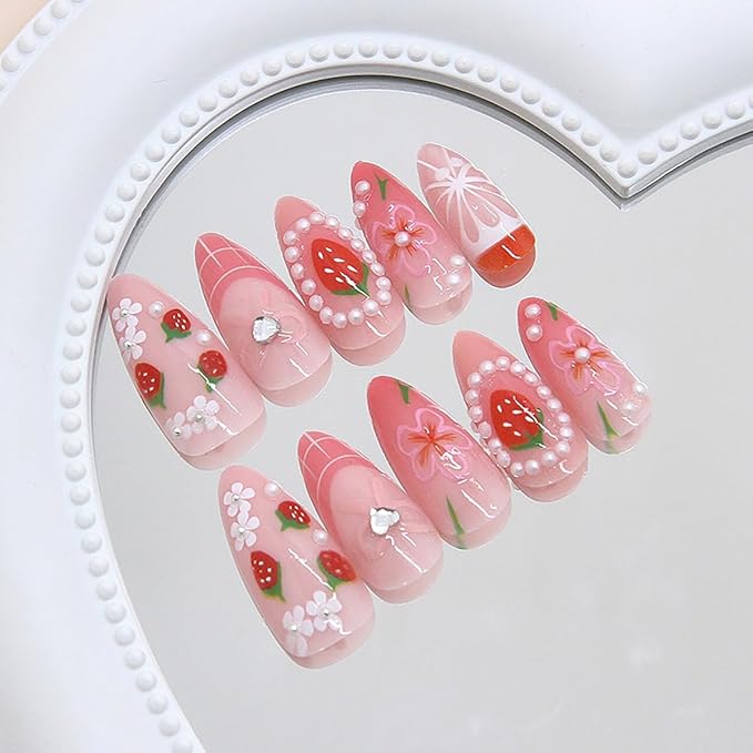 24Pcs Cute Strawberry Press on Nails Medium Almond Fake Nails 3D Pink Flower with Bow Rhinestones Pearl Glitter Design Glossy Glue on Nails French Tip False Nails for Women Acrylic Manicure Salon DIY