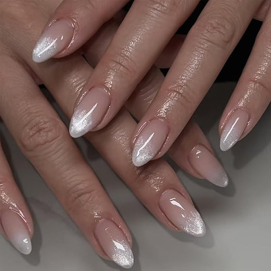 Glitter Nude White Press on Nails Medium Almond Fake Nails Glossy Gradient Acrylic Nails French Press on Nails with Designs Artificial False Nails Full Cover Stick on Nails for Women 24 Pcs