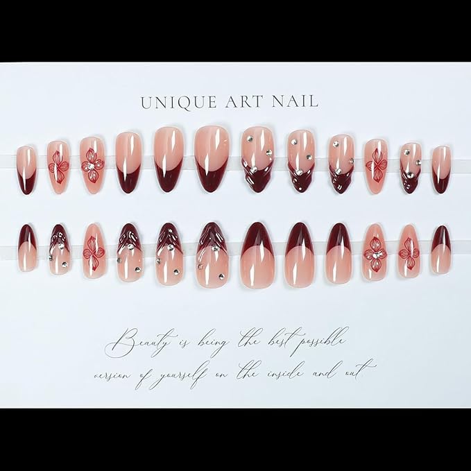 24Pcs Red Flower Press on Nails Medium Almond Fake Nails Summer Floral with Rhinestones Full Cover Acrylic Nails Glue on Nails Reusable Artificial French Tip False Nails for Women DIY Acrylic Nails