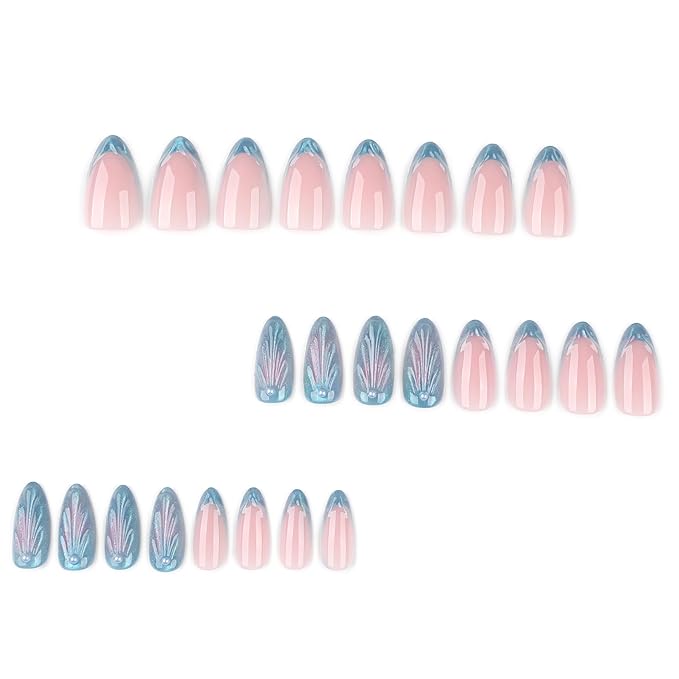 3D French Tips Pearl Press On Nails Almond Short, Mermaid Tail Iridescent Designer Reusable Acrylic Nails Press Ons, Fake Nails With Glue On, Daily Wear Floral False Nails For Women