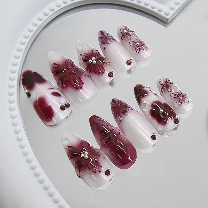 24Pcs Purple Flower Press on Nails Almond Medium Fake Nails 3D Flower False Nail with Rhinestones Pearls Designs Floral Nail Tips Full Cover Acrylic Glue on Nails for Women Manicure Decoration