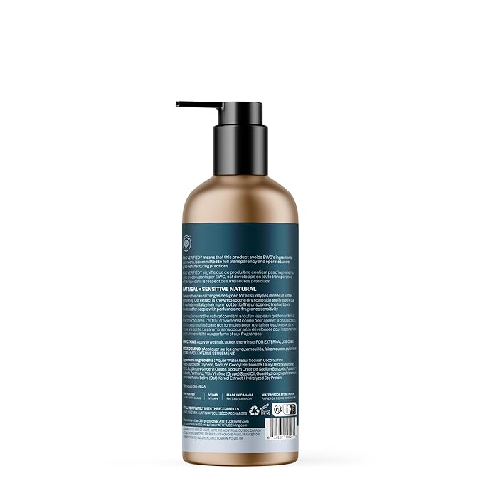 ATTITUDE Volume and Shine Hair Shampoo for Sensitive Dry Scalp, EWG Verified, Soothing Oat, Thin Hair, Naturally Derived Ingredients, Vegan Plant-Based, Unscented, Refillable Aluminum Bottle, 16 Fl Oz