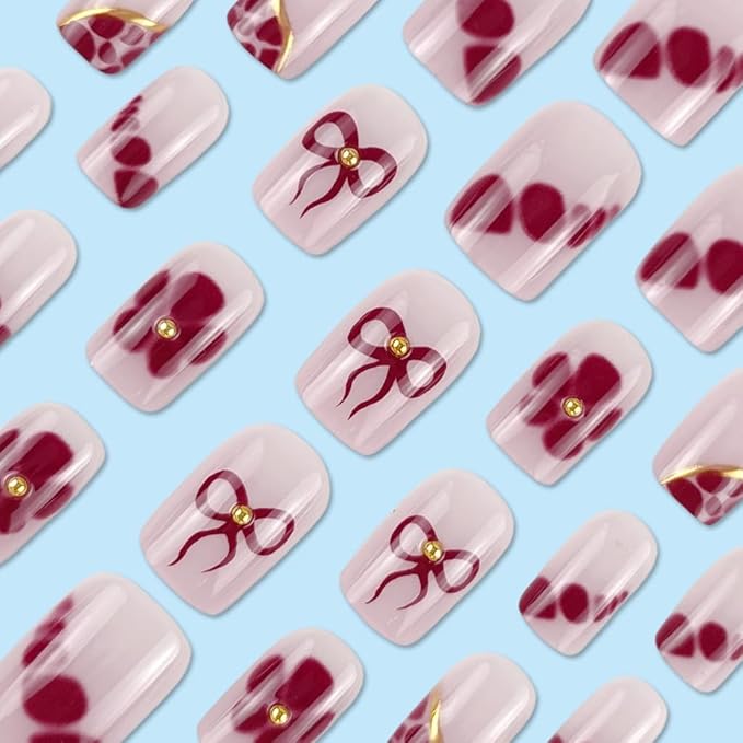 Medium Square Press-On False Nails, 24PCS, Glossy Acrylic, Full Cover, Summer Cute Designs, Reusable with Red Ribbon, Gold Glue, ABS Material, Perfect for Parties, Weddings, Gifts