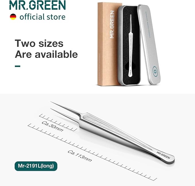 MR.GREEN Ingrown Hair Tweezers Needle Nose Pointed Tips Tweezers For Eyebrows Splinters Blackhead Removal Acne Clip Extractor (Long)