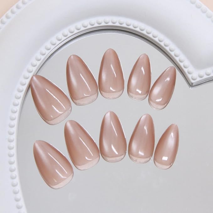 30Pcs Glitter Brown Fake Nails Short Press on Nails Almond False Nails Glossy Full Cover Stiletto Glue on Nail Nude Pink Acrylic Nails Reusable Fall Artificial Stick on Nail for Women Manicure