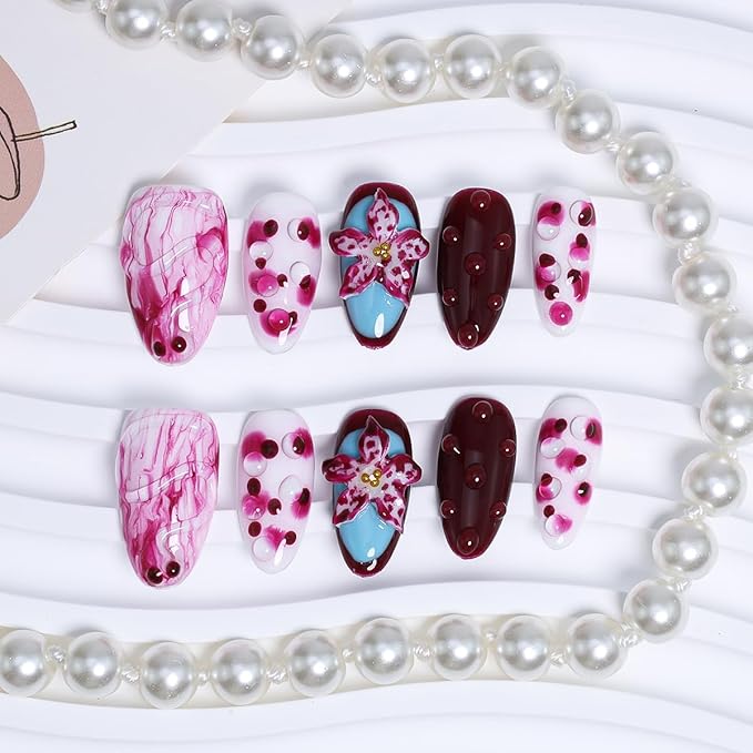 10Pcs Handmade Press on Nails Short Almond Fake Nails Tropical Flower Artificial Nails with 3D Rhinestones Designs Summer False Nails Red Glossy Acrylic Nails Full Cover Stick on Nails for Women