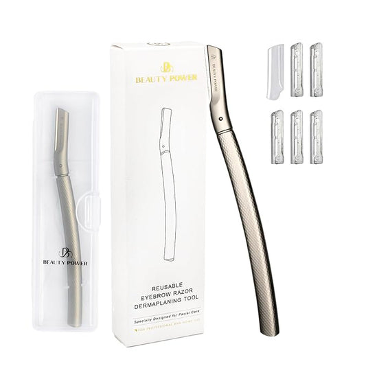 Eyebrow Razor with 6 Blades & Travel Case – Face Razors for Women & Men, Eyebrow Trimmer Shaper with Precision Cover, Facial Shaver & Dermaplaning Tool for Smooth Skin (Silver)