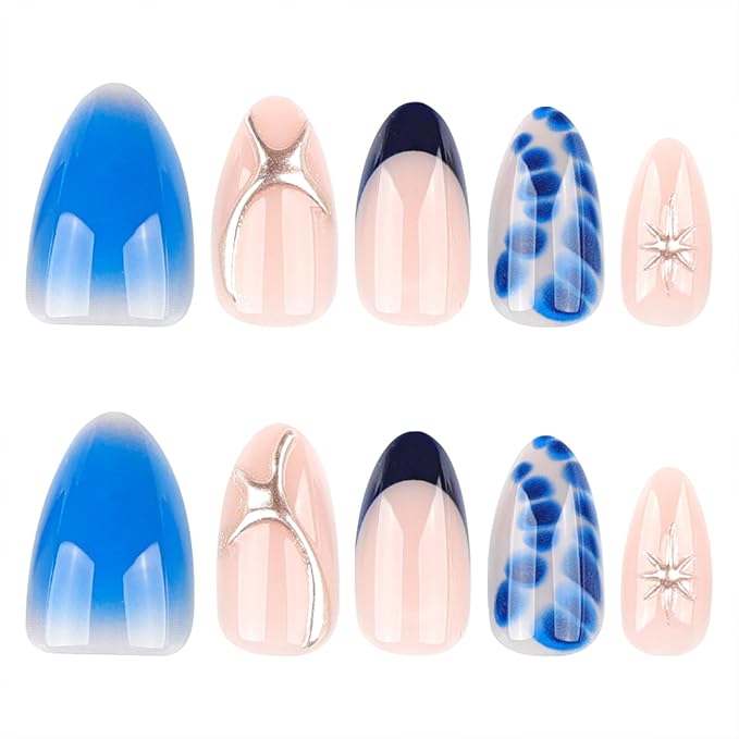 Blue Press On Nails Almond Shape 24pcs, Gradient Ombre False Nail with Star Design, 3D Pattern Medium Length Fake Nails, Glossy Stick On Nail Reusable Acrylic Glue On Nails Kit for Women