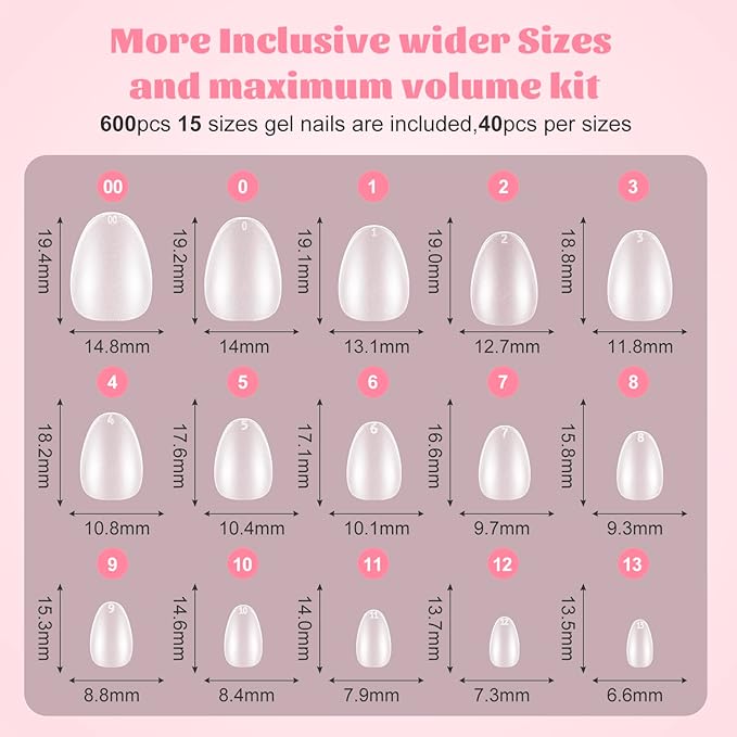 Extra Short Almond Nail Tips, SINOKAME No File Gel Nail Tips with Tip Primer Cover, Almond Clear Gel Press on Fake Nails Short for Nail Extensions,600Pcs 15 Sizes