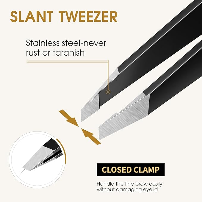 TsMADDTs Slant and Point Tip Tweezers for Women and Men, 2-Pack Professional Stainless Steel Precision Tweezers for Eyebrows, Facial Hair, Ingrown Hair Removal