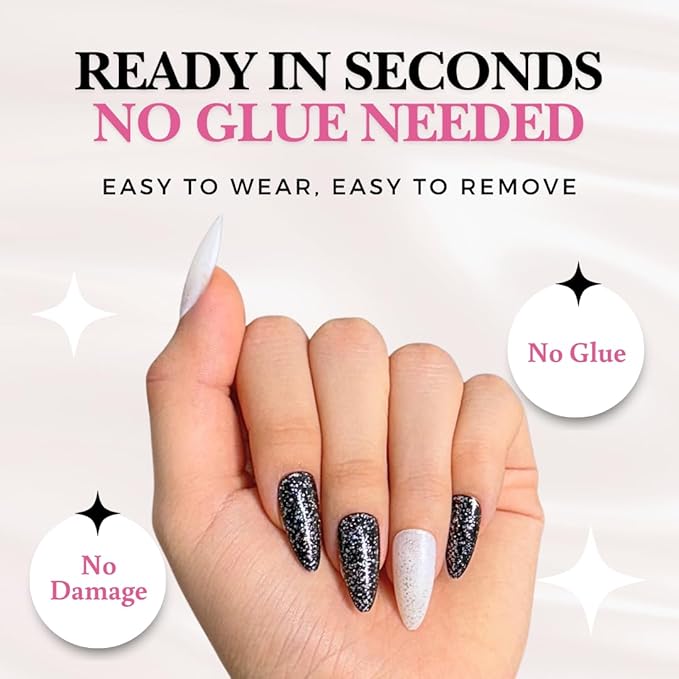 Perfect Look Press On Nails - Star Dust | No Glue One-Day Long Almond Nails, White and Black Glitter with Glossy Finish - 24 Pcs Nail Kit with Adhesive Tabs