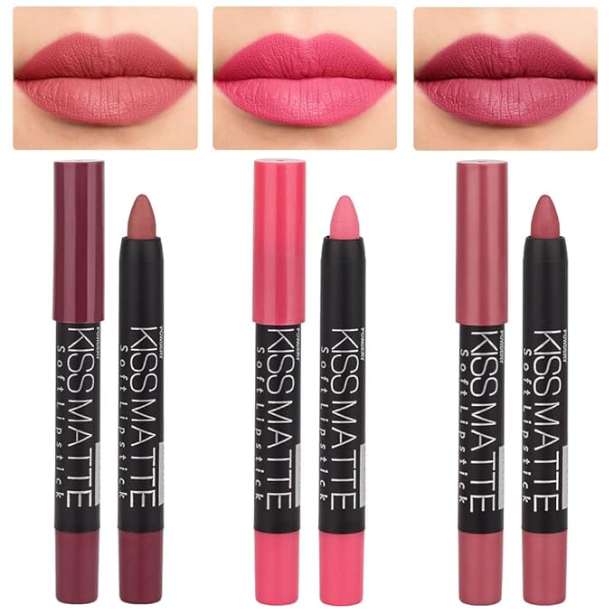 evpct 3Pcs Light Natural Pink Metallic Matte Lip Liner Pencil Crayon and Lipstick Set Long Lasting Waterproof Matching Lipstick and Lip Liner Set 24 Hour labiales mate 24 horas originales 1&4&7