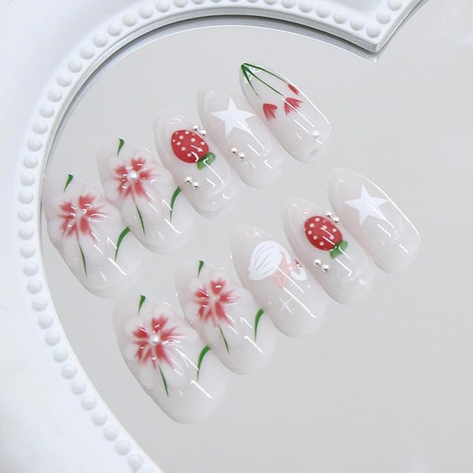 24Pcs Summer Press on Nails Medium Almond Fake Nails with Strawberry Lily Pearl Designs Flower Bow Glue on Nails Full Cover Artificial Nails Cute Stick on Nails for Women Daily Wear