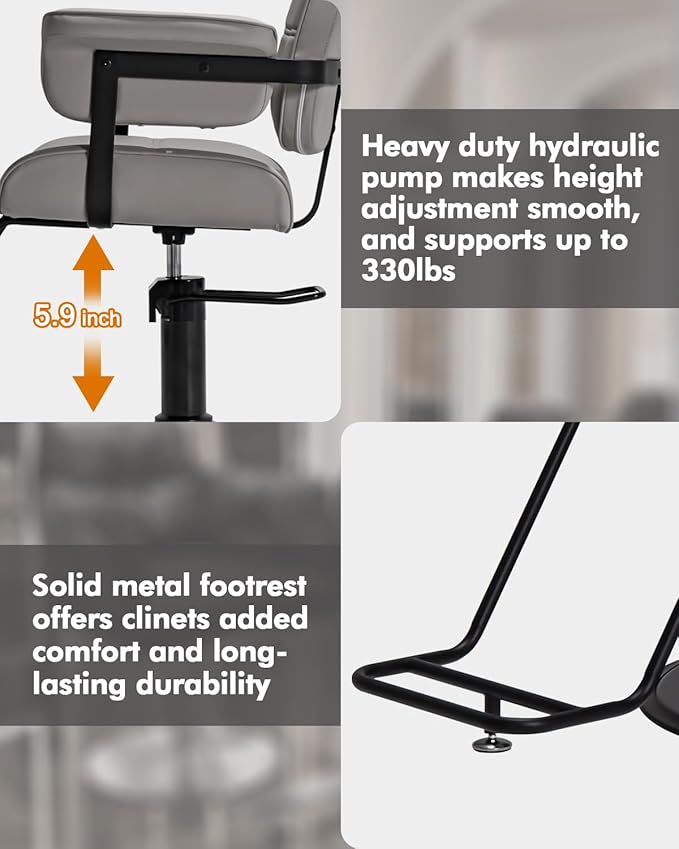 Barber Salon Chair, Extra Wide Hair Styling Chair with Heavy Duty Hydraulic Pump, 360° Swivel Height Adjustable Braiding Design, Luxury Beauty Salon and Barbershop Equipment, Grey