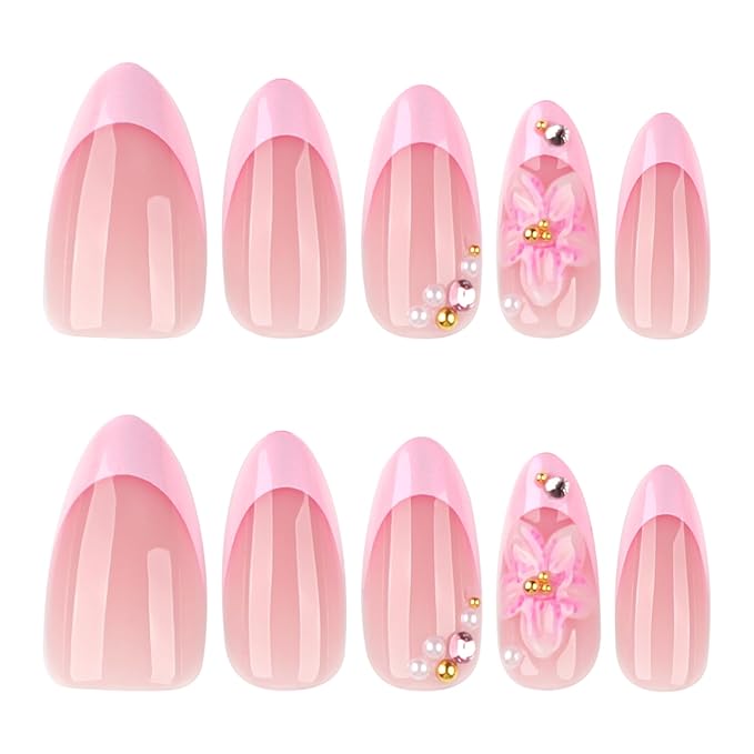 3D Pink Flower Press on Nails French Tip Medium Almond Fake Nails with Pearl Rhinestone Designs Glossy Acrylic False Nail Tips Full Cover Artificial Glue on Nails for Women Manicure Kit