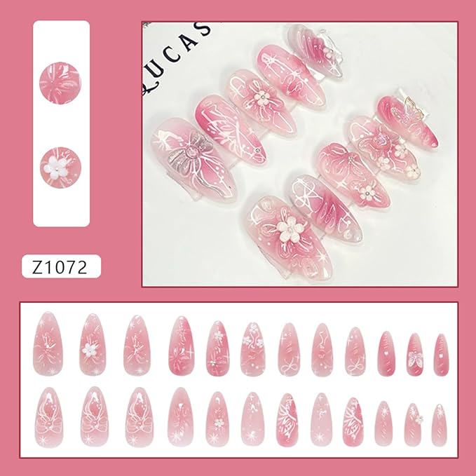 24Pcs Pink Press on Nails Medium Almond Fake Nails 3D Flower Butterfly Stick on Nail ice Flower False Nails Spring Summer Floral Glossy Full Cover Acrylic Nails Glue on Nail for Women DIY Manicure