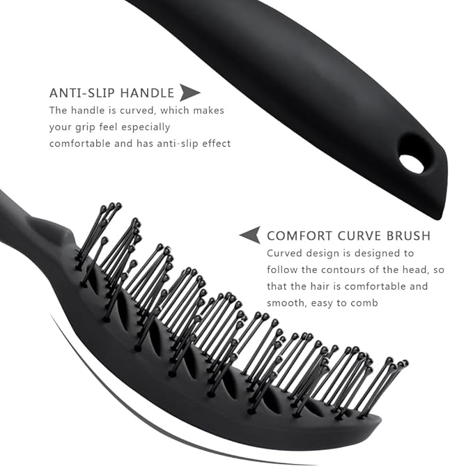 Curved Vent Brush for Blow Drying Styling & Solon Detangling Wet Hair Brush for Long Thick Thin Curly Natural Hair (Black)