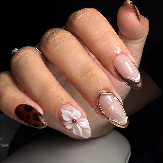 30Pcs Almond Press on Nails Medium Fake Nails with 3D Flower Designs French Tip Cheetah Print Nails Glossy Brown Acrylic False Nail Tortoiseshell Artificial Glue on Nail for Women