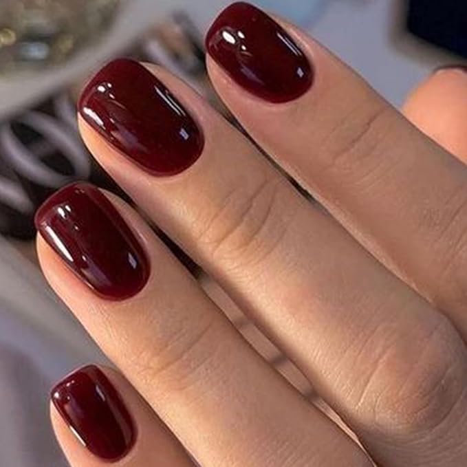 GLAMERMAID Dark Red Press on Nails Extra Short Square, Winter Handmade Jelly Soft Gel on Nails Burgundy Fake Nails, Glossy Red Stick Glue on Nail Reusable Acrylic False Nails Manicure Kits for Women
