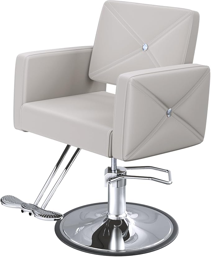 Barber Salon Chair for Hair Stylist with 350Lbs Heavy-Duty Hydraulic Pump, 360° Swivel Hair Styling Chair, Adjustable Height Hairdresser Braider Chairs for Beauty Salon, Tattoo, Spa, Light Gray