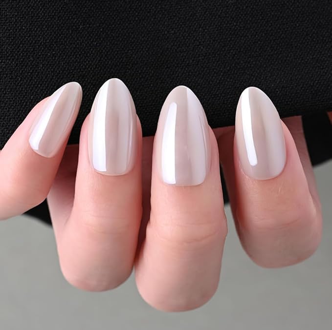 Press on Nails Short Almond - Nude Beige Chrome Glazed Glossy Press on Nail Tips Glue On Nails with Nail Glue for Gift, Reusable Stick On Nails in 15 Sizes 30 Full Cover Acrylic Soft Gel Fake Nail Kit