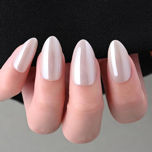 Press on Nails Short Almond - Nude Beige Chrome Glazed Glossy Press on Nail Tips Glue On Nails with Nail Glue for Gift, Reusable Stick On Nails in 15 Sizes 30 Full Cover Acrylic Soft Gel Fake Nail Kit