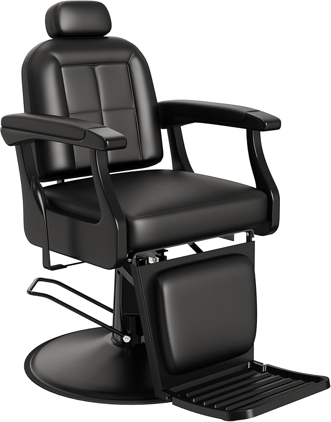 Baasha Black Heavy-Duty Barber Chair, Reclining Professional Salon Chair with Adjustable Headrest & Comfort Padding, 550 lbs Capacity
