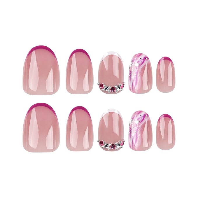 Short Almond Press on Nails Purple French Tip Fake Nails Oval False Nails with Designs Wave Rhinestones Glue on Nails Full Cover Acrylic Nails Glossy Stick on Nails for Women Manicure Art 24 Pcs