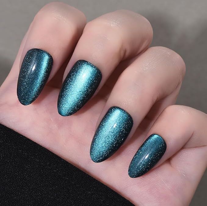 evpct Dark Blue Press on Nails Almond Short, Sapphire Blue Cat Eye Glitter Holographic Press on Nails, Soft Gel Press Glue On Nail with Nail Glue, Full Cover, 30Pcs Reusable Acrylic Fake Nails Kit