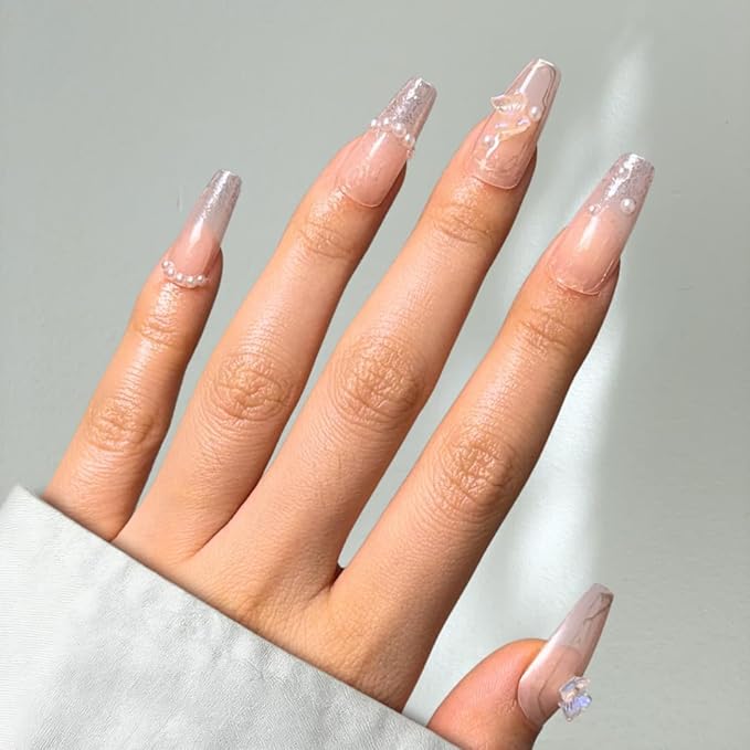 Perfect Look Press On Nails - Pearl Bloom | No Glue One-Day Nude Marble Coffin Fake Nails With Glitter & Butterfly Charms - 24 Pcs Nail Kit With Adhesive Tabs