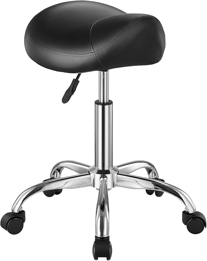 VEVOR Saddle Stool with Wheels, 450 LBS Weight Capacity Ergonomic Rolling Stool, Height Adjustable Thickened PU Leather Swivel Saddle Chair for Salon, Spa, Massage, Tattoo, Clinic, Black