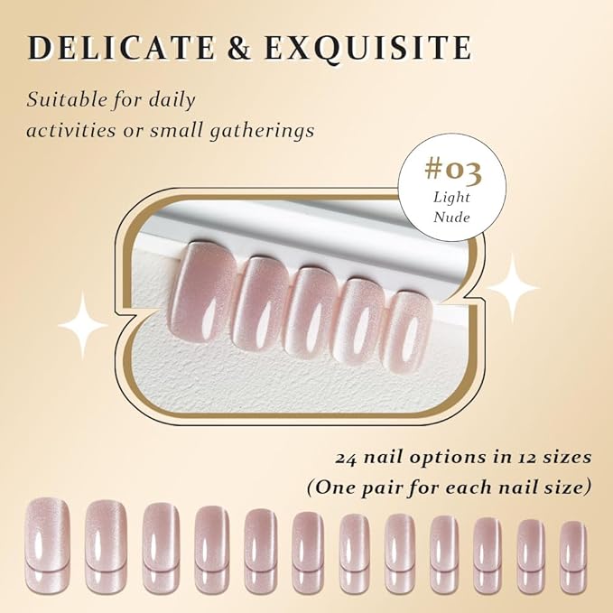 Light Nude Cat Eye Press on Nails Medium Square, Medium Square Press Glue on Nails Chrome for Women Gift, Nude Holographic Glitter Glossy Reusable Soft Gel Acrylic Fake Nail with Designs Cateye Effect