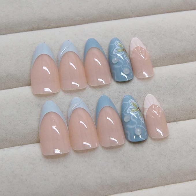 Almond Press-On Nails - Medium French Tips Blue Glossy Full Cover for Women, 24 PCS (Blue 3D French)