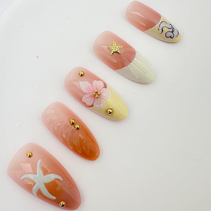 30Pcs Pink Flower Press on Nails Medium Almond Fake Nails with 3D Gold Starfish Gold Beads Shell Design White Yellow French Tip False Nails Spring Summer Floral Stick on Nails for Women Decor