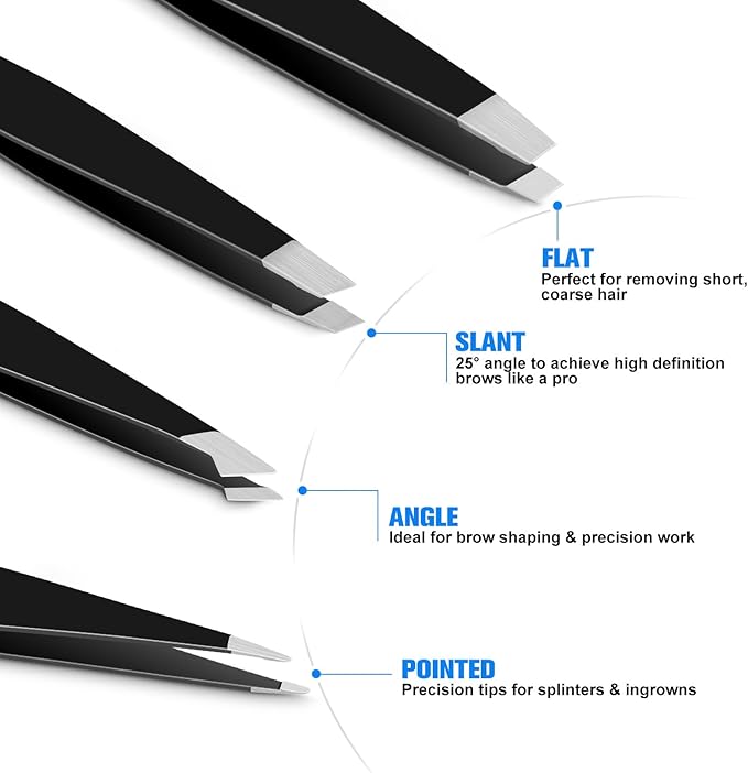 Tweezers for Women Facial Hair, 4Pcs Professional Beauty Tools Stainless Steel Precision Eyebrow Tweezers for Splinter Blackhead and Ingrown Hair Removal, Black