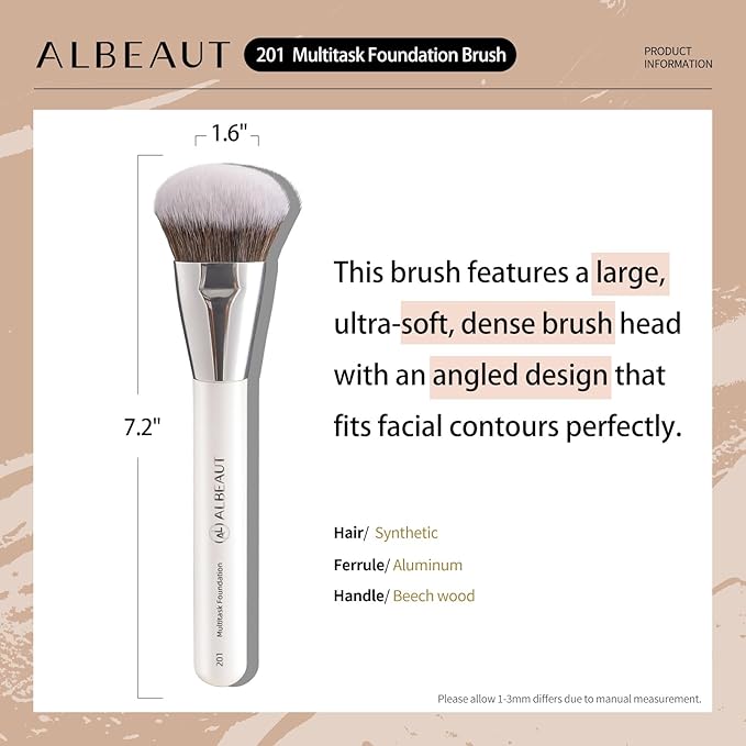 201 Angled Foundation Brush for Flawless Makeup Application Professional Liquid, Cream Powder Foundation Brush with Dense Bristles - Contoured for Precise Blending and Buffing