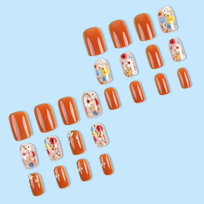 Medium Press on Nails Square Fake Nails with Colorful Floral Designs Orange Nails Press ons Glossy Glue on Nails Spring Acrylic Nails Full Cover Flase Nails Summer Stick on Nails for Women 24Pcs