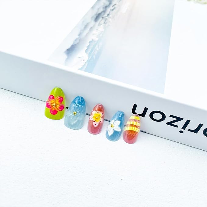 30pcs Cute Flower Press on Nails Short Almond Fake Nails With 3d Colorful Floral Gold Beads Designs Summer Autumn Flowers False Nails Star Artificial Nail Tips Glossy Glue on Nails For Women Manicure