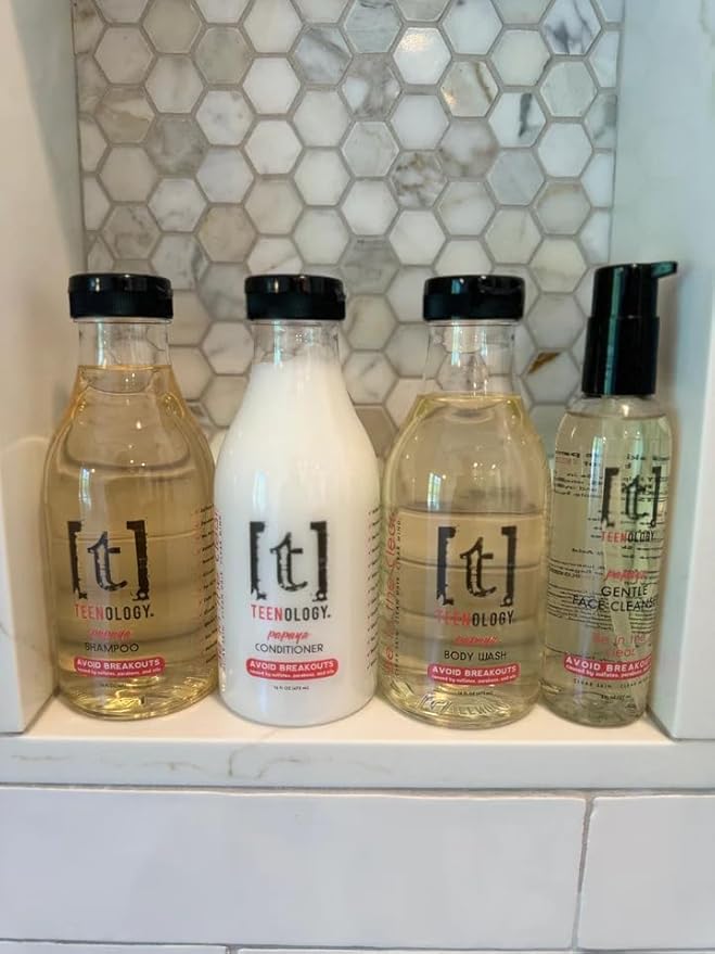 Teenology Shampoo for Teens - Avoid Forehead and Body Acne - No Sulfates or Parabens, Noncomedogenic, Natural Botanical Extracts, 16 oz. (Fresh Papaya)