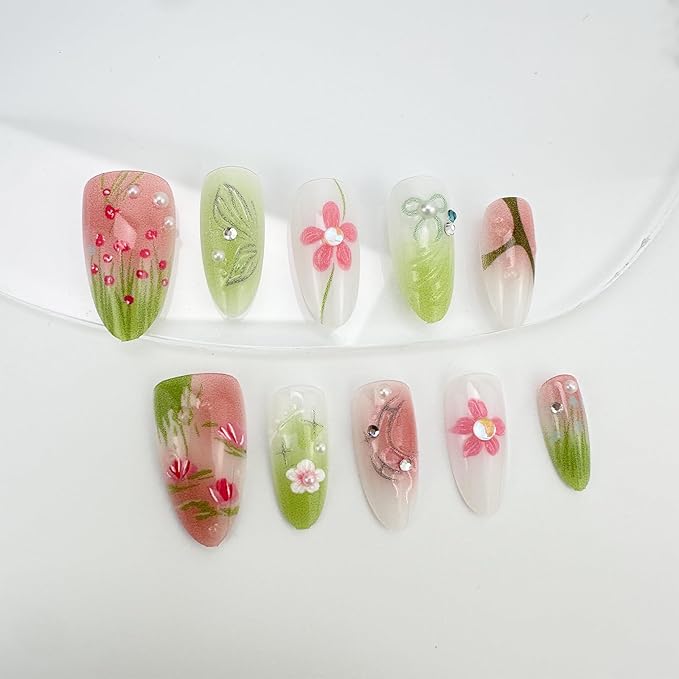 30Pcs Spring Flower Press on Nails Medium Almond Fake Nails with 3D Pearl Rhinestones Design Summer Grassland French Tip False Nails Silver Butterfly Bow Floral Stick on Nails for Women Decor