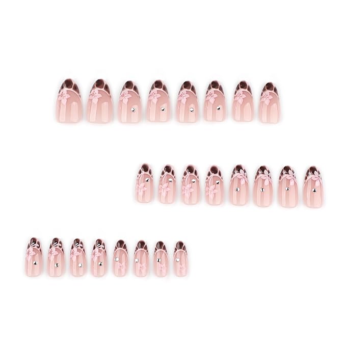 French Press On Nails Almond medium, Nude Pink Fake Nails with Floral & Brown Gradient French Tip Detail, Rhinestone Accent, Glossy Gel Finish Acrylic Nails Reusable Glue On Nails for Women