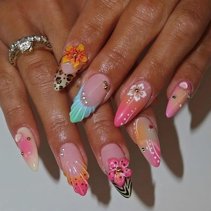 24Pcs Flower Press on Nails Medium Almond Fake Nails with leopard French Tip Nails Design Gold Silver Pearl False Nails Full Cover Artificial Glue on Nails Spring Summer Stick on Nails for Women DIY